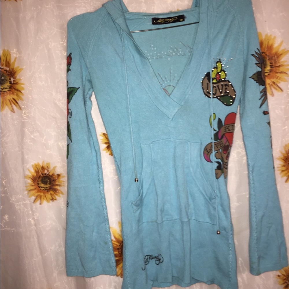 *SOLD* ed hardy knit hoodie, turquoise, size small